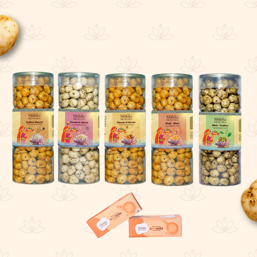 Combo Of 5 Indian Masala, Cream & Onion, Cheese & Herbs, Peri Peri, Mint Pudina with Makhana & Millet Cookies