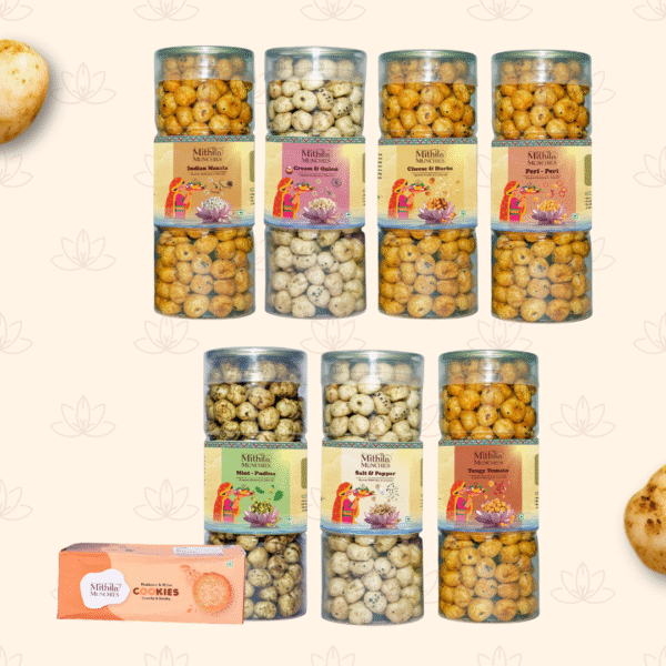 Combo Of 8 Indian Masala , Cream & Onion , Cheese & Herbs , Peri Peri , Mint Pudina , Salt & Pepper , Tangy Tomato with Makhan Millet Cookies